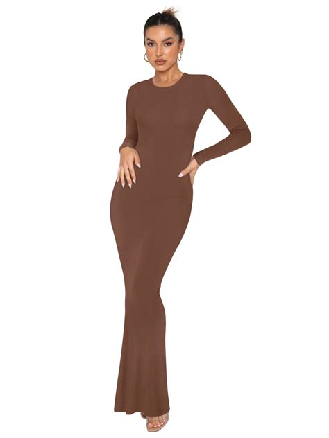 Reoria Women Long Sleeve Bodycon Dress Sexy Crew Neck Ribbed Basic Maxi