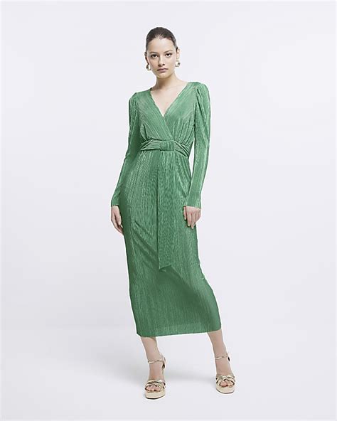 Green Plisse Wrap Bodycon Midi Dress River Island