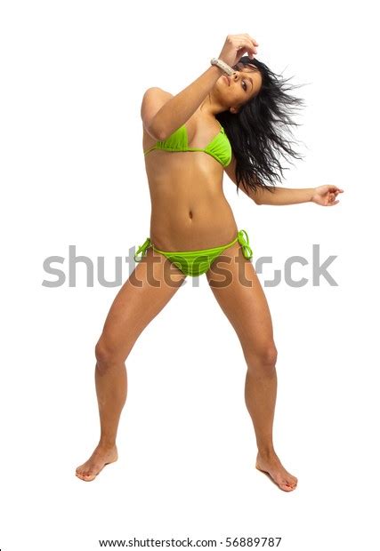Sexy Brunette Green Bikini Dancing Stock Photo 56889787 Shutterstock