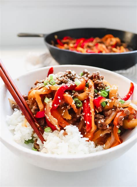 Sweet And Spicy Chili Beef And Pepper Rice Bowls Elizabeth Raybould