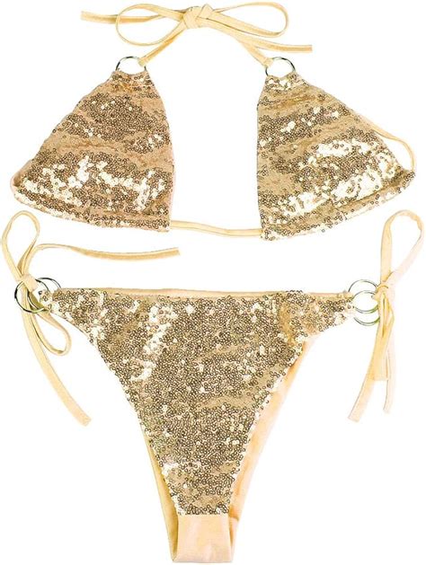 Women S Sparkle Swimsuit Pieces Shiny Sequin Sexy Beachwear Halter Triangle Glitter Bikini Set