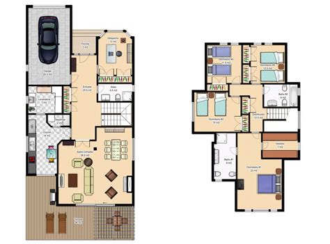 Plano de casa de dos plantas con separación de ambientes Floor Plans