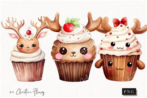 Cute Christmas Reindeer Cupcake Clipart Graphic By Christine Fleury