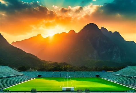 Premium Photo | An empty cricket stadium at sunset between mountains