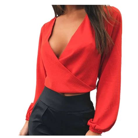 Long Sleeve Deep V Neck Tops 2018 Autumn Women Blouse Sexy Wrap Crop