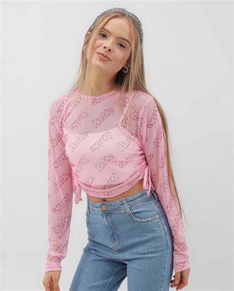 Riachuelo Blusa Cropped Juvenil Manga Longa Em Tule Barbie Rosa Mattel