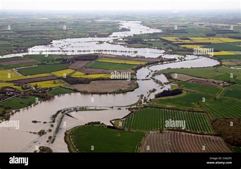 Yorkshire, UK aerial view of Yorkshire's River Derwent floods Stock ...