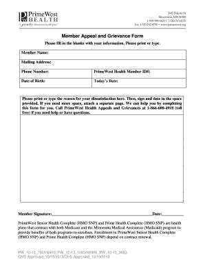 Fillable Online Primewest Member Appeal And Grievance Form