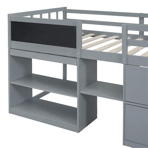 Twin Size Low Loft Bed With Rolling Desk Shelf And Drawers And Safety