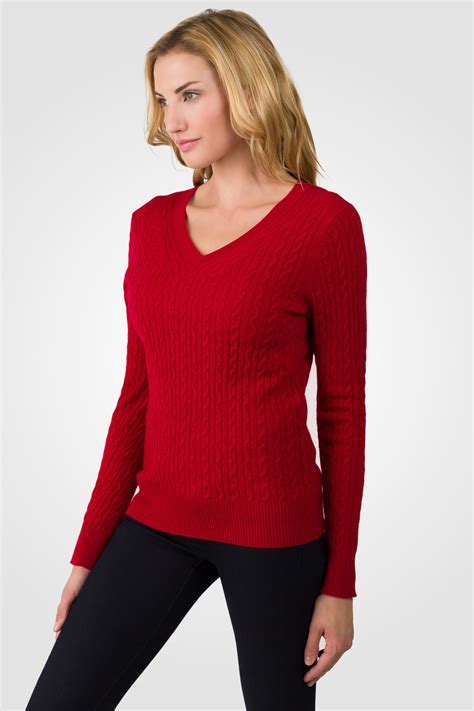 Red Cashmere Cable Knit V Neck Sweater J Cashmere