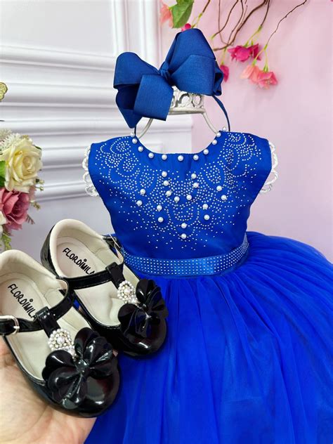 Vestido Infantil Damas De Honra Longo Azul Royal P Rolas Rosa