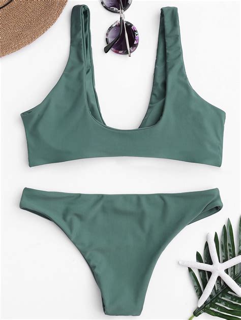 Knotted Scoop Bikini Top And Bottoms In Lake Green Zaful