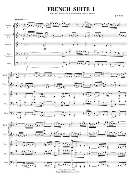 BACH French Suite No 1 BWV 812 For Brass Quintet Sheet Music J S