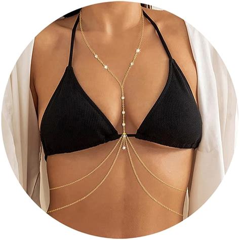 2 Mo Finance 14K Gold Sexy Body Chains For Women Layered Rhinestone Crossover Bikini Bra