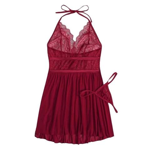 String Tanga Femmes dentelle écran couture chemise de nuit dos nu col en v lingerie avec string