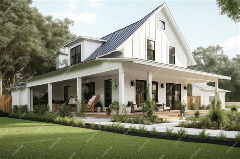 Premium AI Image | Modern farmhouse with wraparound porch and hanging ...