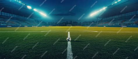 Soccer Ball on a LitUp Football Field at Night | Premium AI-generated image