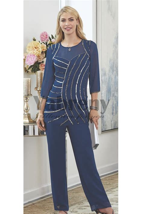 Navy Blue Beaded Trouser Outfit Elegant Mother Of The Bride Pant Suits