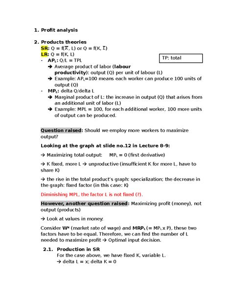 Lecture 8 9 Note Profit Analysis Products Theories Sr Q F K L Or Q F K L Lr Q F