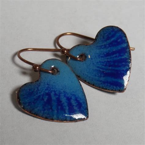 Enameled Copper Earrings Cobalt Blue Stripes On Aqua Hearts Etsy Vday Jewelry Dangle Jewelry