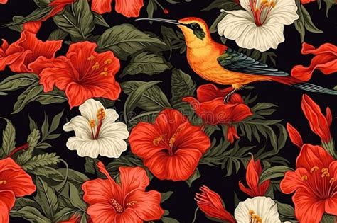 Seamless Hummingbird Background Pattern Blooming Hibiscus With Green