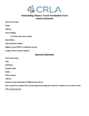 Fillable Online Outstanding Mentor Award Nomination Form CRLA Fax