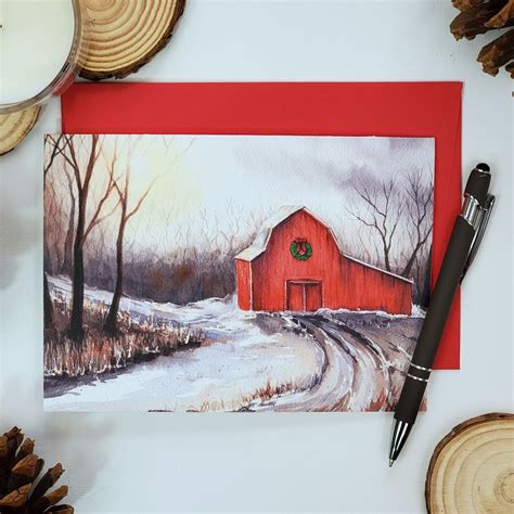 Red Barn Holiday Card Original Watercolor Stationary Country