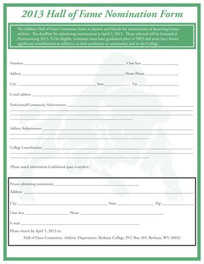 Fillable Online Bethanywv Hall Of Fame Nomination Form Bethany