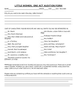 One Act Audition Form Example By The Hodge Podge Store TPT