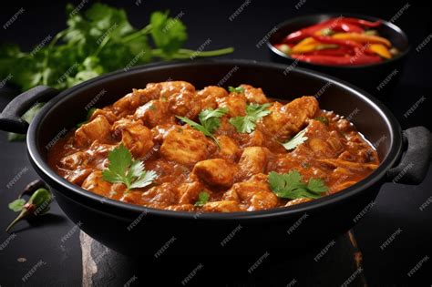 Premium Ai Image Chicken Madras Curry In Black Bowl Isolated Indian