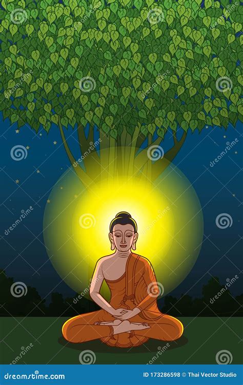 Buddha Sit On Ground Under Bodhi Tree Stock Illustration Illustration