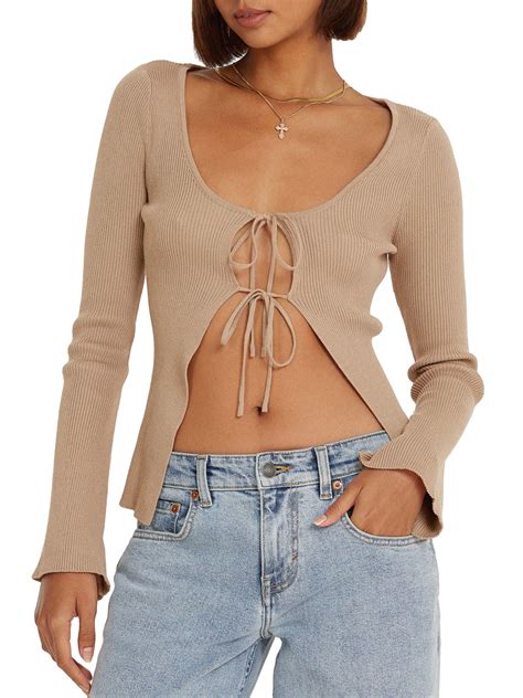 Pudcoco Sexy Tie Front Crop Top For Women Long Sleeve Ribbed Knit Tops