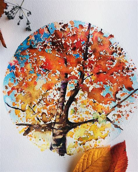 Watercolour Painting Of An Autumn Tree With Bright Fall Leaves A