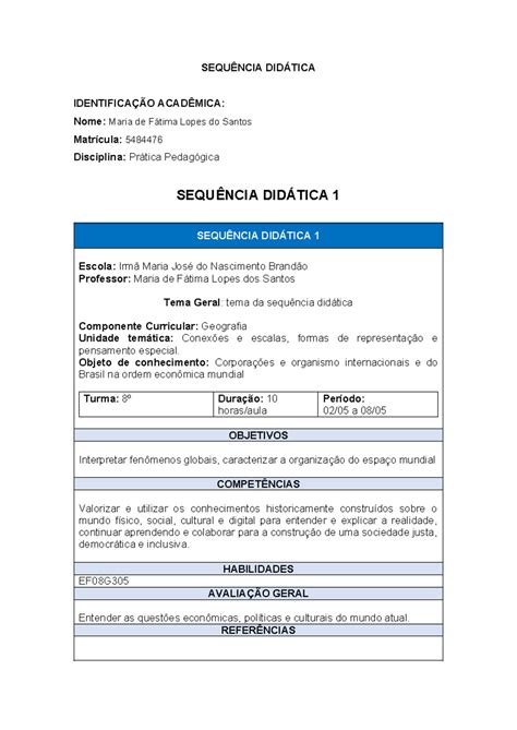 5. Sequência Didática - Modelo Editável - SEQUÊNCIA DIDÁTICA ...