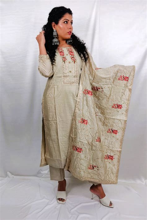 Beautiful Silk Fabric Beige Straight Kurta Pant Dupatta Set - Priya's ...