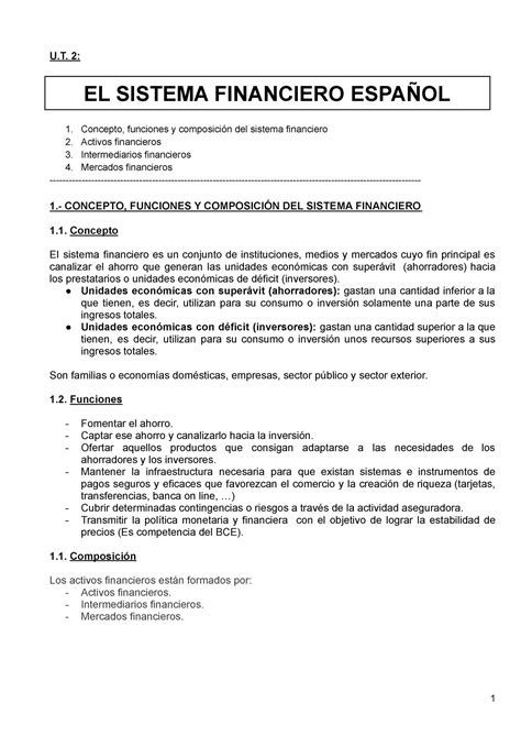 Ut El Sistema Financiero Espa Ol U El Sistema Financiero