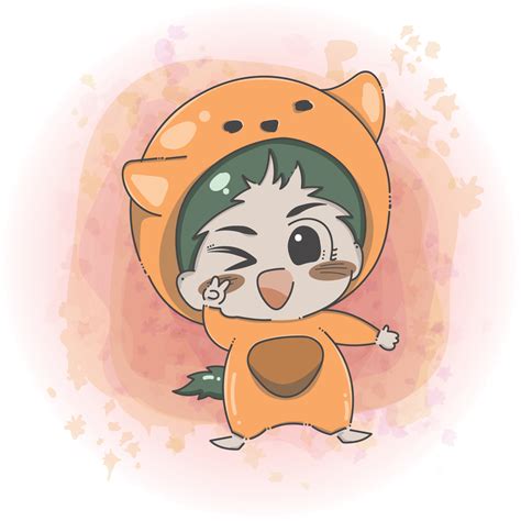 Cute Chibi Baby Boy In An Animal Suit Making A Peace Sign And Joyful