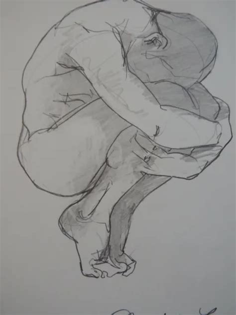 Original Expressive Pencil Drawing Of A Male Nude In A Crouching Pose