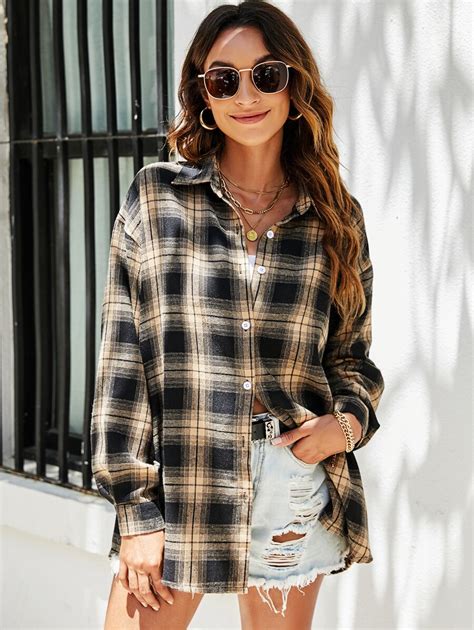 Shein Essnce Plaid Print Button Front Overshirt Shein Usa