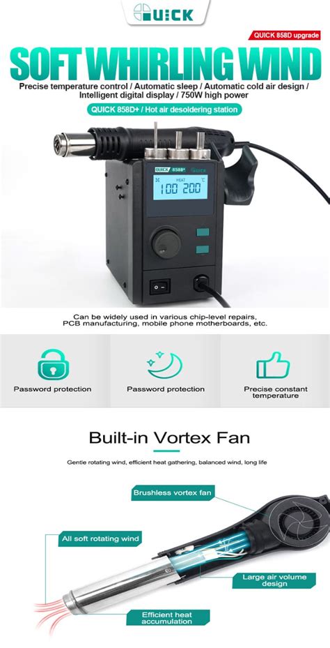 New Quick D Hot Air Soldering Machine Rework Station Hot Air Gun Low Noise Lcd Smart Lead