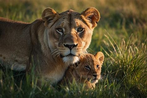 Premium Photo | Lioness and cubs playing in grass