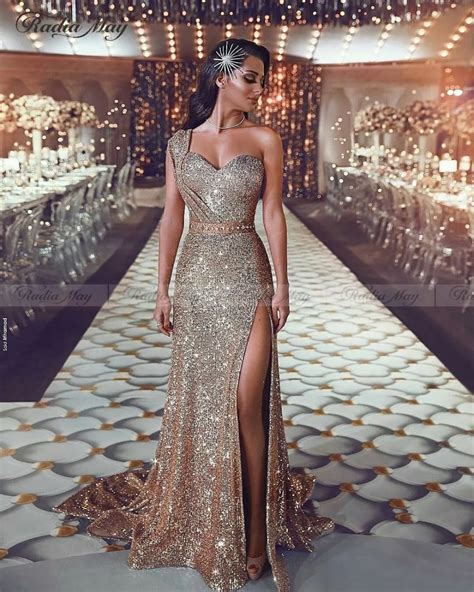 Saudi Arabic One Shoulder Mermaid Rose Gold Evening Dress Long Sparkly