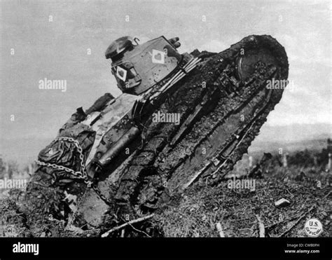 World War I American Tank Plowing Through German Barbed Wire 1918 U