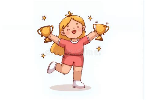 Cheerful Blonde Chibi Girl Character Triumphantly Holding Golden Trophies A Vibrant Korean