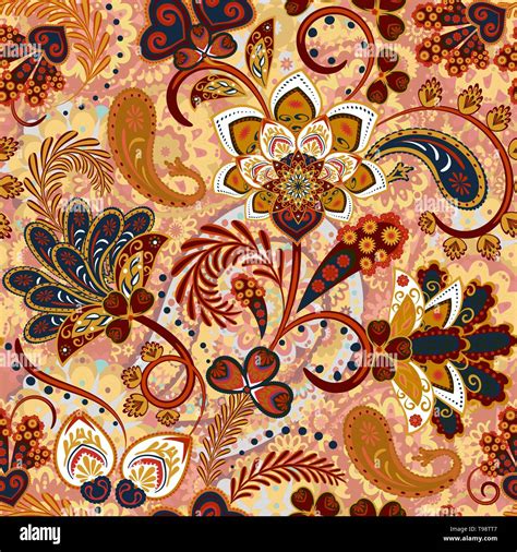 Paisley Seamless Pattern With Flowers In Indian Style Floral Vector