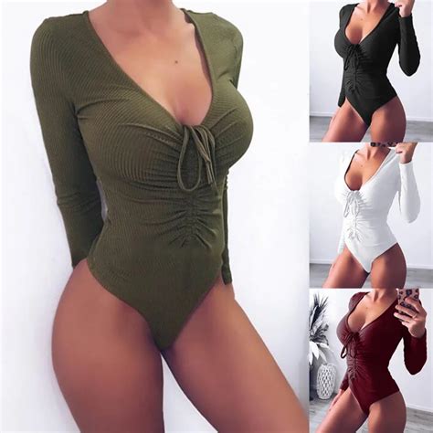 Sexy Deep V Neck Bodysuits Jumpsuit Romper Bodycon Bandage Playsuit