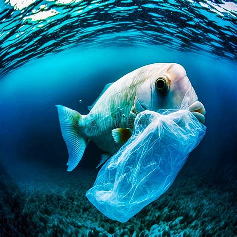 Ocean Plastic Pollution A Fish With Plastic Bag Generative Ai Stock