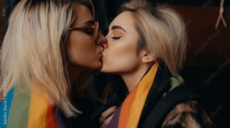 Lesbian Couple Kissing LGBT Flag Background Generative Ai Stock Illustration Adobe Stock