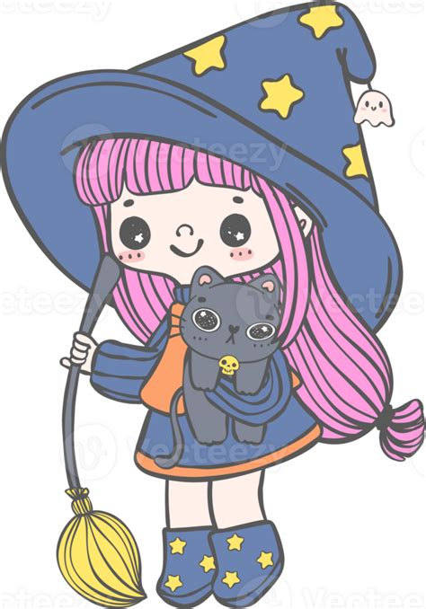 Cute whimsical Halloween Witch Doodle hand drawing Fantasy Style ...