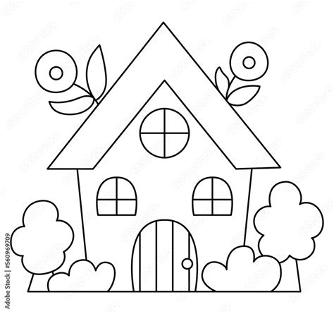 Vector black and white kawaii country house icon for kids. Cute line ...